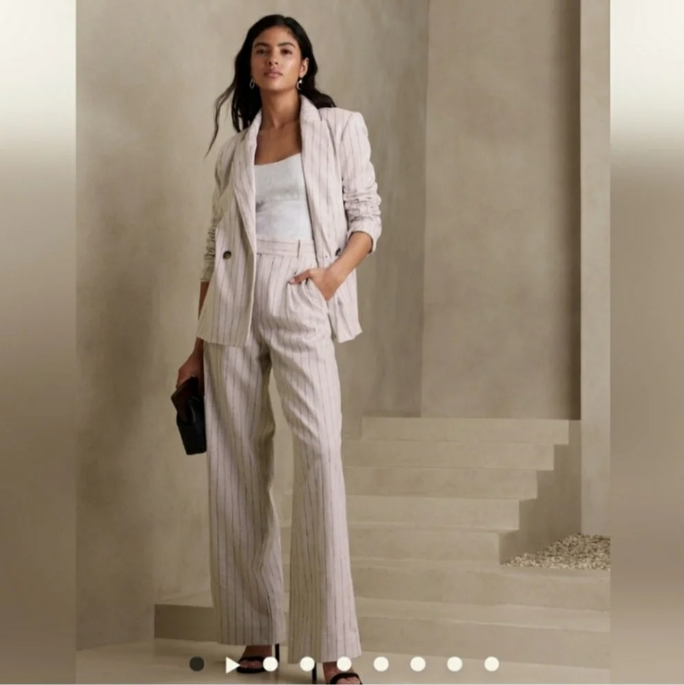 Banana Republic Wide Leg Linen Blend Cream Striped Trousers Size 10p